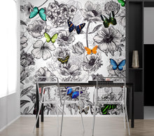 Carregar imagem no visualizador da galeria, Butterflies in Flower Garden Wall Mural. Retro Black and White Illustration Floral Design. #6320