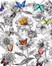 Carregar imagem no visualizador da galeria, Butterflies in Flower Garden Wall Mural. Retro Black and White Illustration Floral Design. #6320
