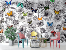 Carregar imagem no visualizador da galeria, Butterflies in Flower Garden Wall Mural. Retro Black and White Illustration Floral Design. #6320