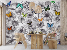 Carregar imagem no visualizador da galeria, Butterflies in Flower Garden Wall Mural. Retro Black and White Illustration Floral Design. #6320