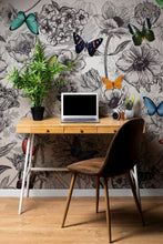 Carregar imagem no visualizador da galeria, Butterflies in Flower Garden Wall Mural. Retro Black and White Illustration Floral Design. #6320