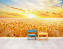 Carregar imagem no visualizador da galeria, Sunset Sunrise over Farmland Wheat Field Wall Mural. Peel and Stick Wall Paper. #6323