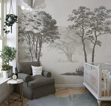 Carregar imagem no visualizador da galeria, Vintage Forest Trees Wall Mural. Monochrome Abstract Sketched Art Design. Peel and Stick Wallpaper | Removable Wall Mural. #6329