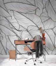 Load image into Gallery viewer, Banana Leaves Wallpaper, Palm Leaves Line Art Pattern Peel and Stick Wall Mural. #6330