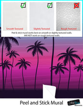 Carregar imagem no visualizador da galeria, Miami Tropical Palm Tree Illustration Vice Color Sunset Wall Mural. Bright Miami Vice Blue and Fuchsia Colors. #6331