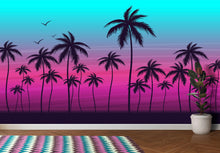Carregar imagem no visualizador da galeria, Miami Tropical Palm Tree Illustration Vice Color Sunset Wall Mural. Bright Miami Vice Blue and Fuchsia Colors. #6331