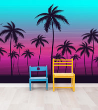 Carregar imagem no visualizador da galeria, Miami Tropical Palm Tree Illustration Vice Color Sunset Wall Mural. Bright Miami Vice Blue and Fuchsia Colors. #6331