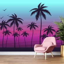 Carregar imagem no visualizador da galeria, Miami Tropical Palm Tree Illustration Vice Color Sunset Wall Mural. Bright Miami Vice Blue and Fuchsia Colors. #6331