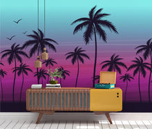 Carregar imagem no visualizador da galeria, Miami Tropical Palm Tree Illustration Vice Color Sunset Wall Mural. Bright Miami Vice Blue and Fuchsia Colors. #6331