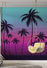Carregar imagem no visualizador da galeria, Miami Tropical Palm Tree Illustration Vice Color Sunset Wall Mural. Bright Miami Vice Blue and Fuchsia Colors. #6331