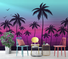 Carregar imagem no visualizador da galeria, Miami Tropical Palm Tree Illustration Vice Color Sunset Wall Mural. Bright Miami Vice Blue and Fuchsia Colors. #6331
