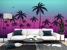 Carregar imagem no visualizador da galeria, Miami Tropical Palm Tree Illustration Vice Color Sunset Wall Mural. Bright Miami Vice Blue and Fuchsia Colors. #6331