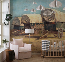 Carregar imagem no visualizador da galeria, Western Cowboy Theme Wall Mural Decor. Study of Covered Wagons by Samuel Colman. Painting Artwork. Peel and Stick Wallpaper. #6339