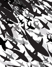 Carregar imagem no visualizador da galeria, Shark Frenzy Underwater Wall Mural. Peel and Stick Wallpaper. Black and White Shark Silhouettes #6347