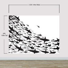 Carregar imagem no visualizador da galeria, Shark Frenzy Underwater Wall Mural. Peel and Stick Wallpaper. Black and White Shark Silhouettes #6347