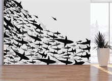 Carregar imagem no visualizador da galeria, Shark Frenzy Underwater Wall Mural. Peel and Stick Wallpaper. Black and White Shark Silhouettes #6347