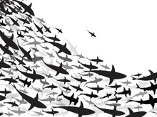 Carregar imagem no visualizador da galeria, Shark Frenzy Underwater Wall Mural. Peel and Stick Wallpaper. Black and White Shark Silhouettes #6347