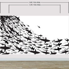 Carregar imagem no visualizador da galeria, Shark Frenzy Underwater Wall Mural. Peel and Stick Wallpaper. Black and White Shark Silhouettes #6347
