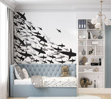 Carregar imagem no visualizador da galeria, Shark Frenzy Underwater Wall Mural. Peel and Stick Wallpaper. Black and White Shark Silhouettes #6347