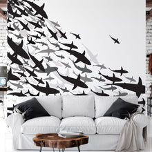 Carregar imagem no visualizador da galeria, Shark Frenzy Underwater Wall Mural. Peel and Stick Wallpaper. Black and White Shark Silhouettes #6347