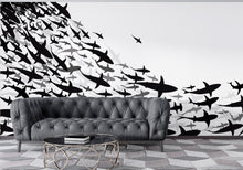 Carregar imagem no visualizador da galeria, Shark Frenzy Underwater Wall Mural. Peel and Stick Wallpaper. Black and White Shark Silhouettes #6347