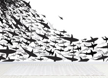Carregar imagem no visualizador da galeria, Shark Frenzy Underwater Wall Mural. Peel and Stick Wallpaper. Black and White Shark Silhouettes #6347