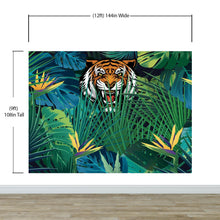 Carregar imagem no visualizador da galeria, Hidden Tiger Behind Jungle Leaves Wall Mural. Peel and Stick Wallpaper. Safari Wildlife Illustration. #6351