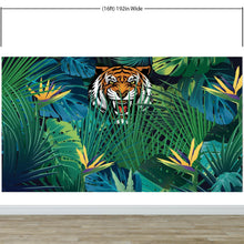 Carregar imagem no visualizador da galeria, Hidden Tiger Behind Jungle Leaves Wall Mural. Peel and Stick Wallpaper. Safari Wildlife Illustration. #6351
