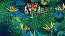 Carregar imagem no visualizador da galeria, Hidden Tiger Behind Jungle Leaves Wall Mural. Peel and Stick Wallpaper. Safari Wildlife Illustration. #6351