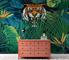 Carregar imagem no visualizador da galeria, Hidden Tiger Behind Jungle Leaves Wall Mural. Peel and Stick Wallpaper. Safari Wildlife Illustration. #6351
