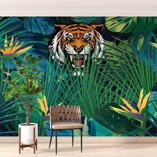 Carregar imagem no visualizador da galeria, Hidden Tiger Behind Jungle Leaves Wall Mural. Peel and Stick Wallpaper. Safari Wildlife Illustration. #6351
