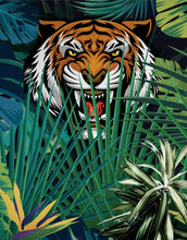 Carregar imagem no visualizador da galeria, Hidden Tiger Behind Jungle Leaves Wall Mural. Peel and Stick Wallpaper. Safari Wildlife Illustration. #6351