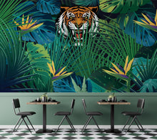 Carregar imagem no visualizador da galeria, Hidden Tiger Behind Jungle Leaves Wall Mural. Peel and Stick Wallpaper. Safari Wildlife Illustration. #6351