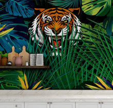 Carregar imagem no visualizador da galeria, Hidden Tiger Behind Jungle Leaves Wall Mural. Peel and Stick Wallpaper. Safari Wildlife Illustration. #6351