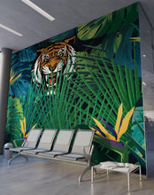 Carregar imagem no visualizador da galeria, Hidden Tiger Behind Jungle Leaves Wall Mural. Peel and Stick Wallpaper. Safari Wildlife Illustration. #6351