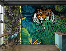 Carregar imagem no visualizador da galeria, Hidden Tiger Behind Jungle Leaves Wall Mural. Peel and Stick Wallpaper. Safari Wildlife Illustration. #6351