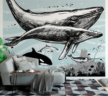 Load image into Gallery viewer, Whale, Dolphin, Killer Whale Wall Mural. Underwater Sea Life Drawing Design. Peel and Stick Wall Mural. #6354
