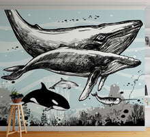 Load image into Gallery viewer, Whale, Dolphin, Killer Whale Wall Mural. Underwater Sea Life Drawing Design. Peel and Stick Wall Mural. #6354