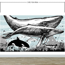 Load image into Gallery viewer, Whale, Dolphin, Killer Whale Wall Mural. Underwater Sea Life Drawing Design. Peel and Stick Wall Mural. #6354