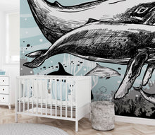 Load image into Gallery viewer, Whale, Dolphin, Killer Whale Wall Mural. Underwater Sea Life Drawing Design. Peel and Stick Wall Mural. #6354