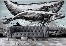 Load image into Gallery viewer, Whale, Dolphin, Killer Whale Wall Mural. Underwater Sea Life Drawing Design. Peel and Stick Wall Mural. #6354