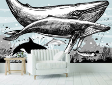 Load image into Gallery viewer, Whale, Dolphin, Killer Whale Wall Mural. Underwater Sea Life Drawing Design. Peel and Stick Wall Mural. #6354