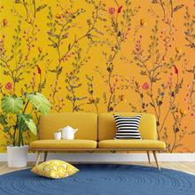 Load image into Gallery viewer, Botanical Flower Garden With Yellow Orange Background Wall Mural. Blossom Flower Decor. #6355