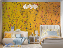Load image into Gallery viewer, Botanical Flower Garden With Yellow Orange Background Wall Mural. Blossom Flower Decor. #6355