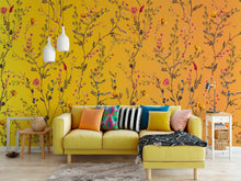 Load image into Gallery viewer, Botanical Flower Garden With Yellow Orange Background Wall Mural. Blossom Flower Decor. #6355
