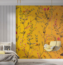 Load image into Gallery viewer, Botanical Flower Garden With Yellow Orange Background Wall Mural. Blossom Flower Decor. #6355