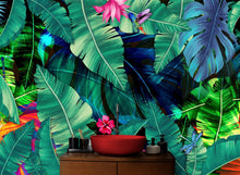 Carregar imagem no visualizador da galeria, Rainforest Jungle Tropical Wallpaper. Green Flowers and Palm Tree Leaves Design. #6357