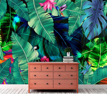 Carregar imagem no visualizador da galeria, Rainforest Jungle Tropical Wallpaper. Green Flowers and Palm Tree Leaves Design. #6357
