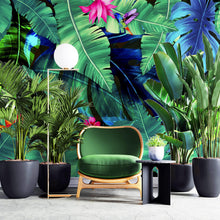Carregar imagem no visualizador da galeria, Rainforest Jungle Tropical Wallpaper. Green Flowers and Palm Tree Leaves Design. #6357