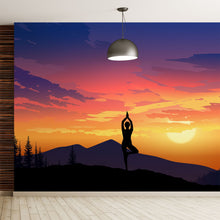 Carregar imagem no visualizador da galeria, Yoga Meditating On Top of Mountain View Wall Mural. Calm Sunrise Design Peel and Stick Wallpaper. #6364